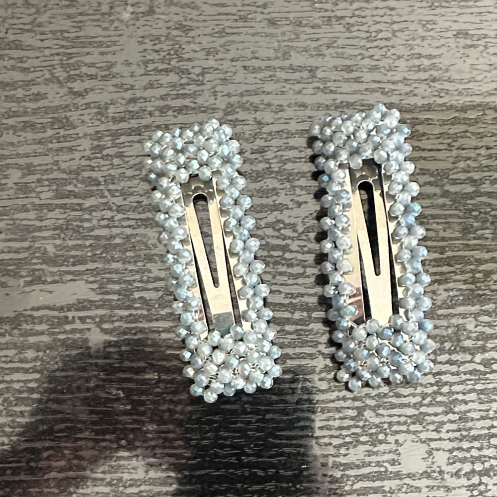 Beaded Pearl-Look Rectangle Hair Clips - Light Blue Pair.  Ornate & beautiful